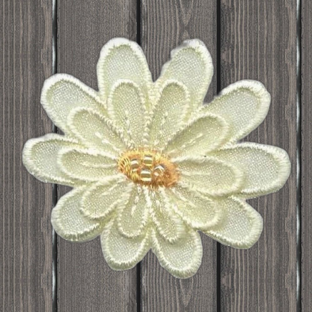 Pale Yellow Flower Embroidered Patch - 2-1/8" - Iron On - wood background