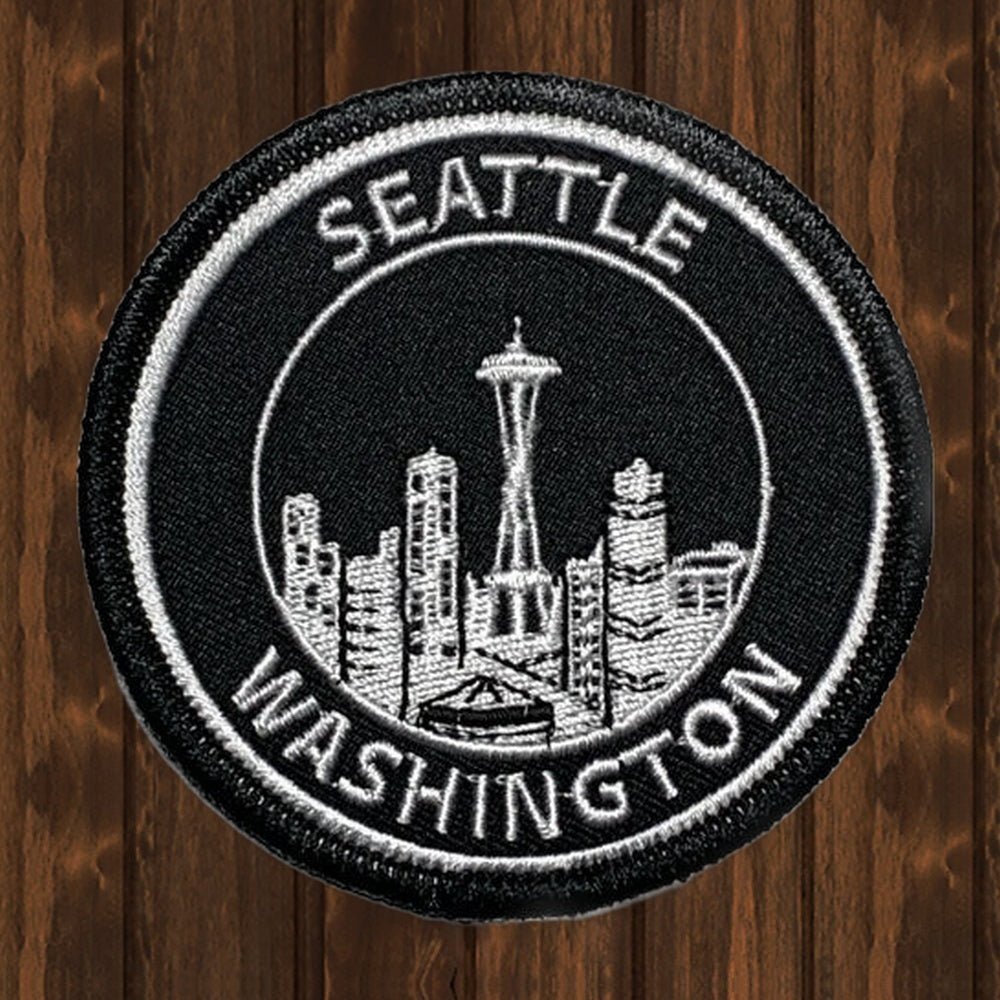 Seattle Washington Embroidered Patch - 3" - Iron On - wood background