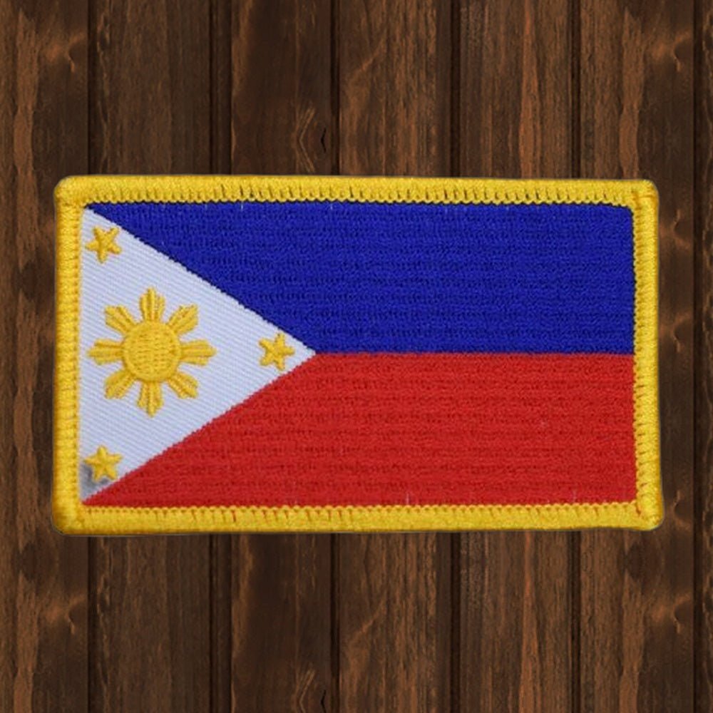 Philippines Flag Embroidered Patch - 3-3/8" - Iron On - wood background