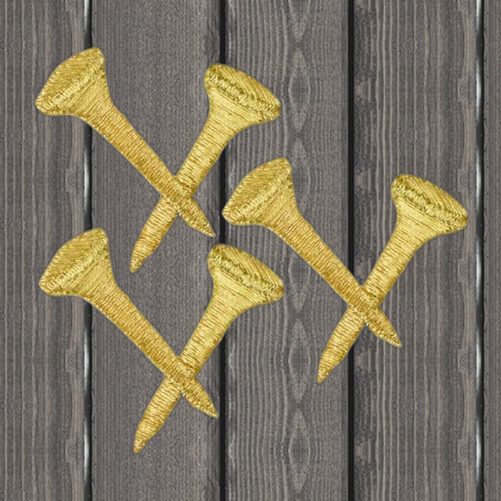 Gold Golf Tee Embroidered Patch - 3-Pack, 1.5" - Iron On - wood background