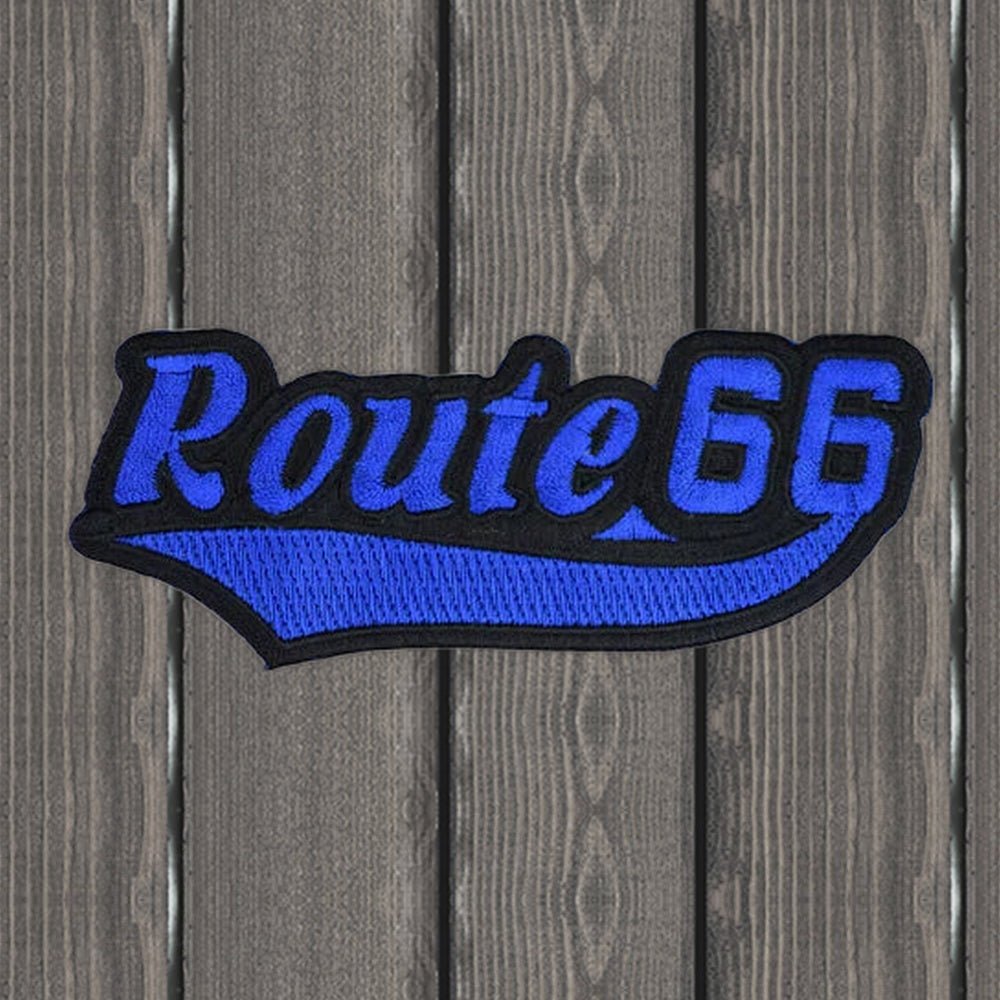 Blue and black Route 66 script embroidered patch, 4-7/8 inches wide
