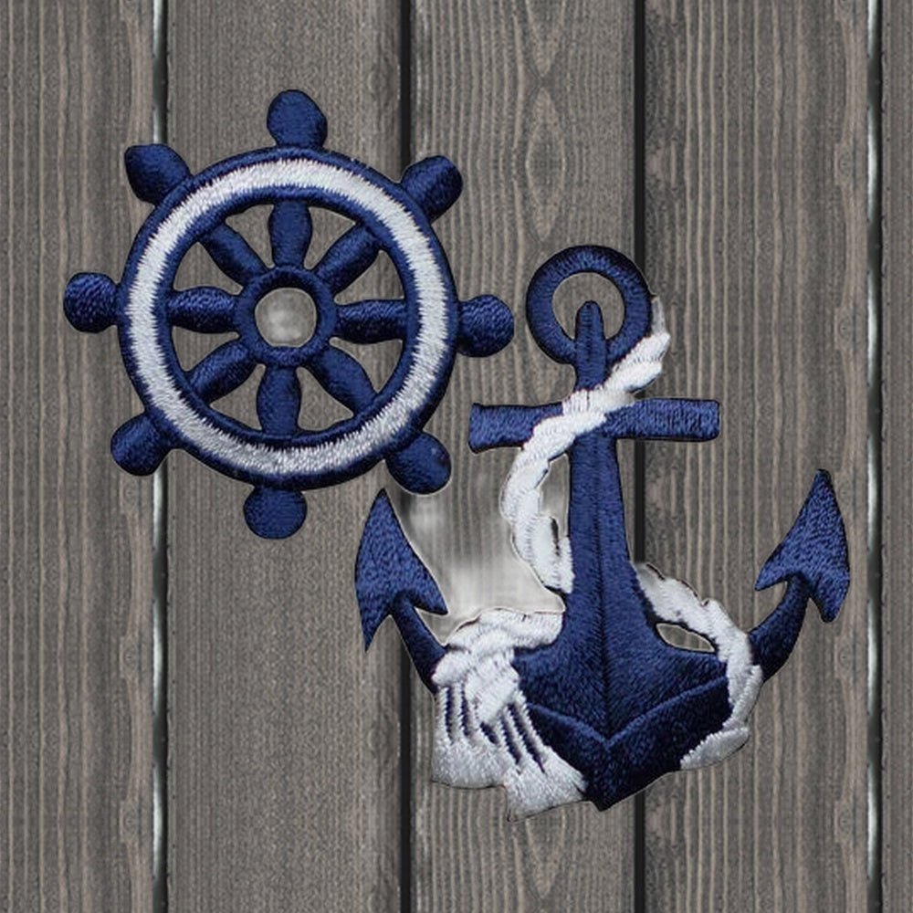 Anchor & Ship's Wheel Applique Patch Set - White/Navy Blue Nautical Badge (2-Pack, Iron-On) - wood background