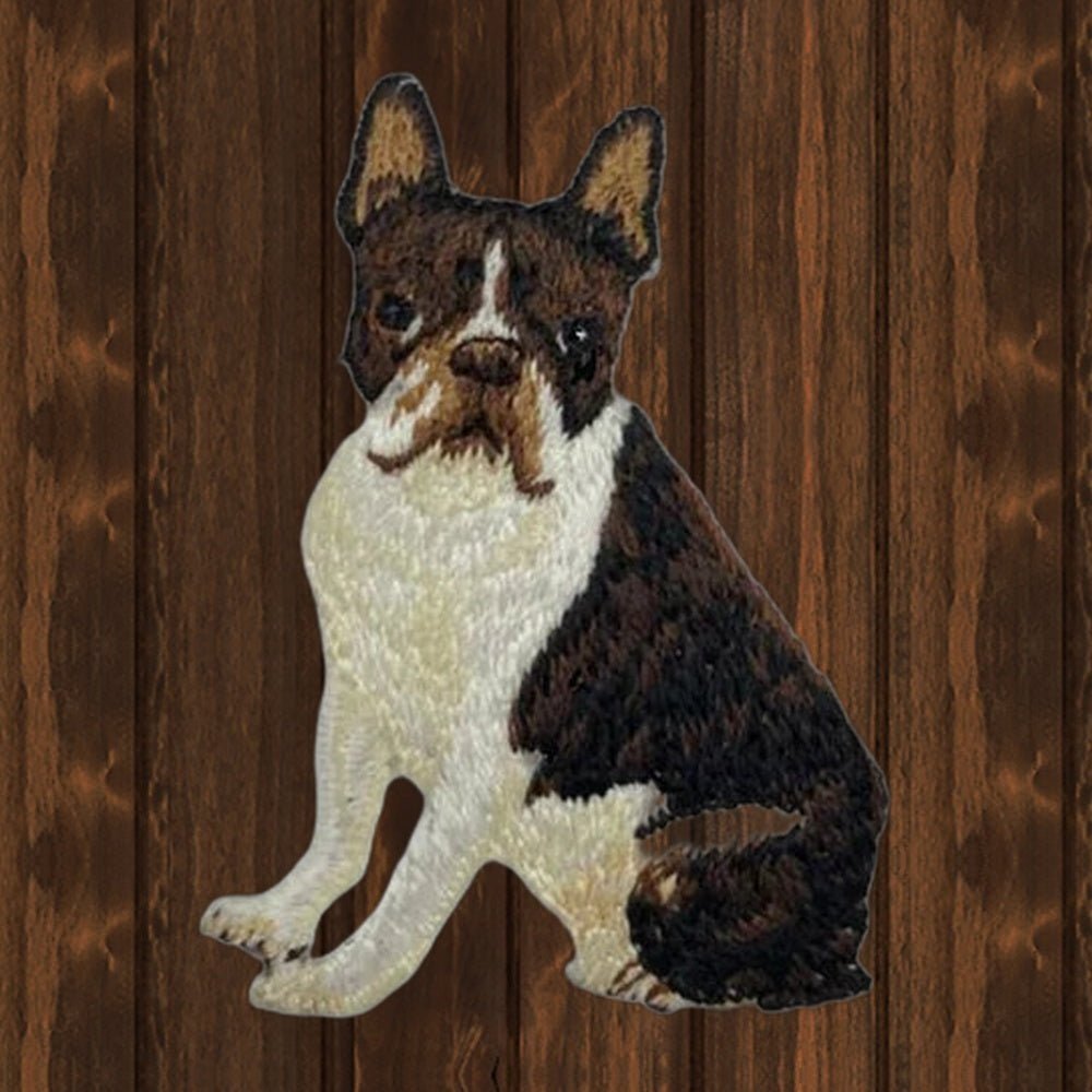 Bull Terrier Applique Patch - Canine Animal Badge (2.5") - wood background