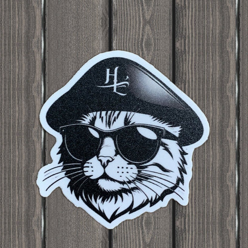 Cool Cat Sticker - Captain Kitty with Sunglasses Vinyl Decal (2") - wood background