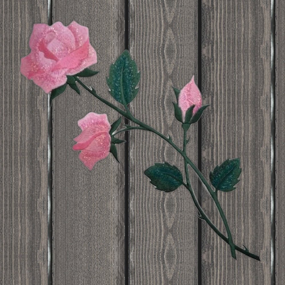 Pink Rose Embroidered Patch - Extra Large, 10.5" - Iron On - wood background