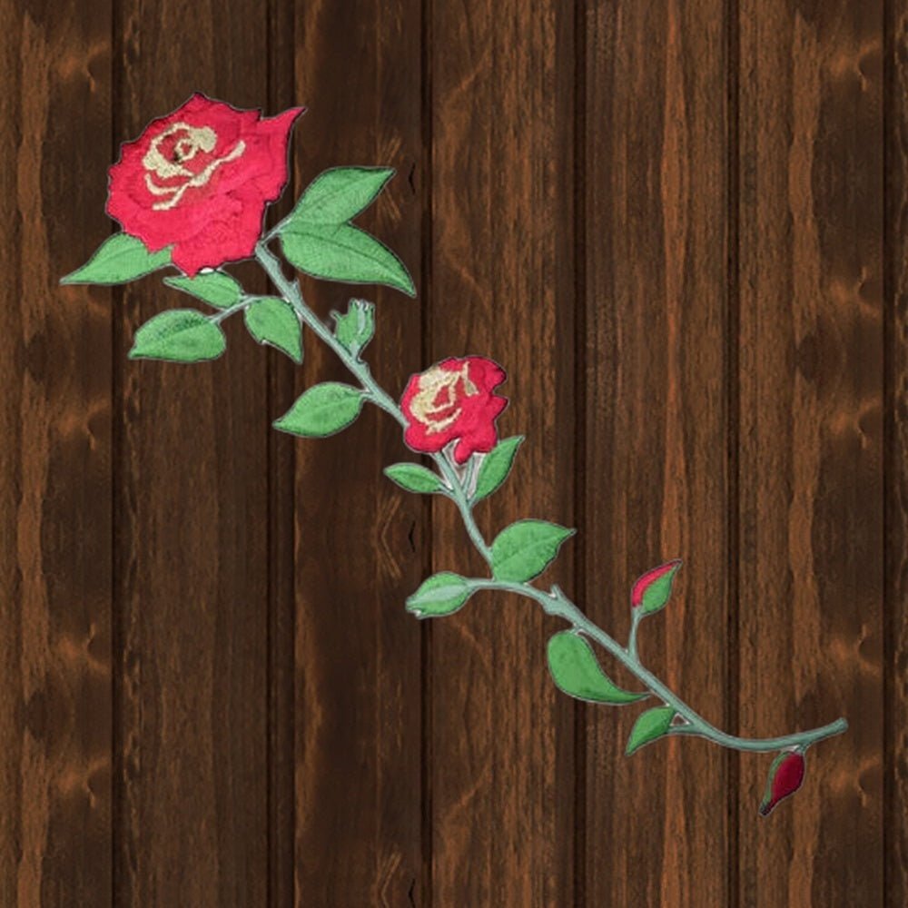 Extra Large Red Rose Embroidered Patch - Flower & Gold Accents Badge, 9" - Iron On - wood background