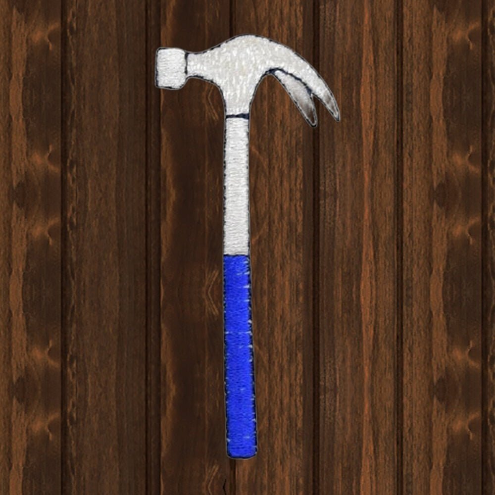 Hammer Iron-On Patch - Tool, Construction, Carpenter Badge (2.75") - wood background