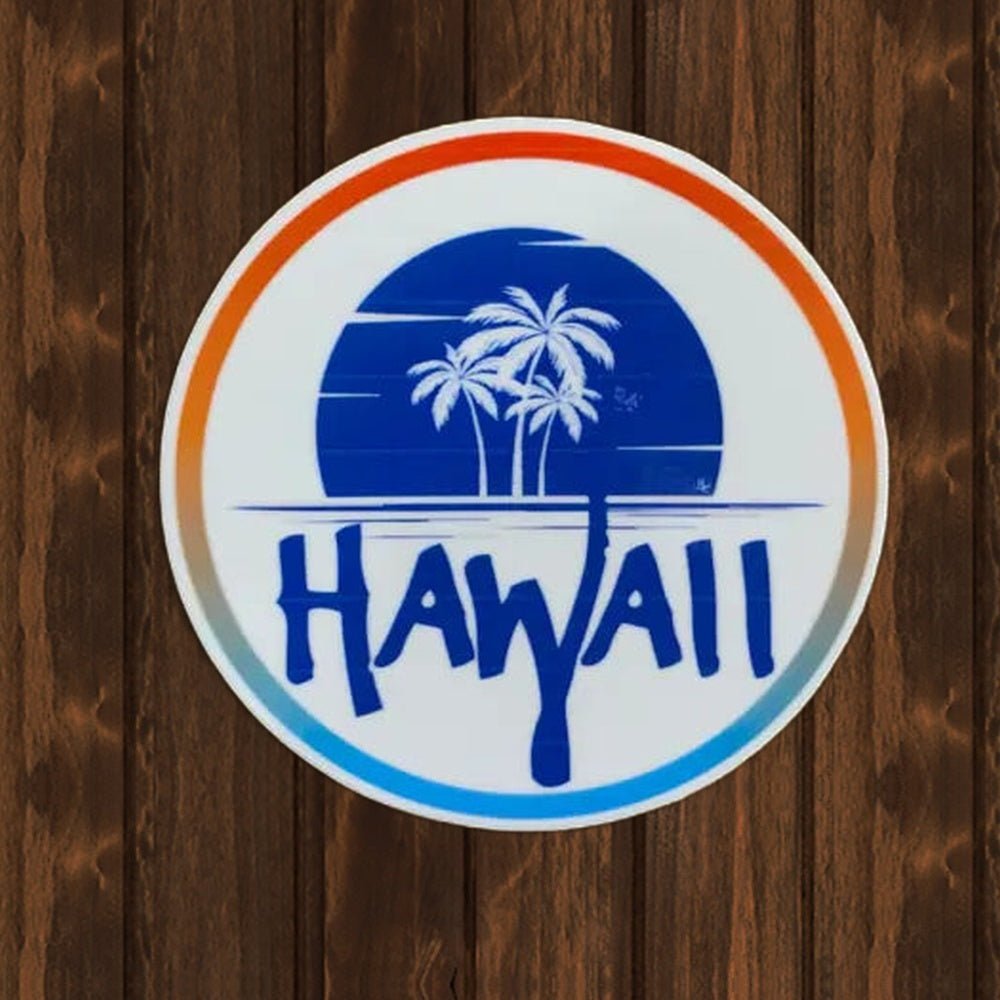 Hawaii Sticker - Tropical Islands Sunset Vinyl Decal (3") - wood background