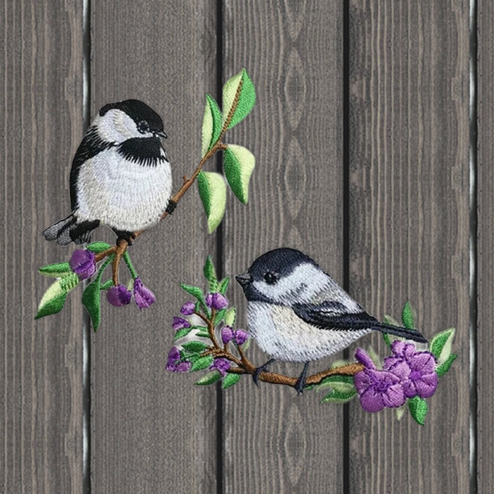 Chickadee Embroidered Patch - 2-Pack, Bird & Branch - Iron On - wood background