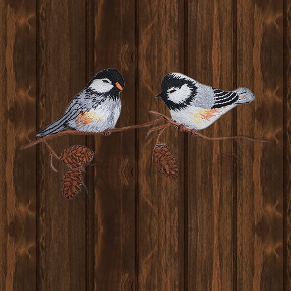 Chickadees on Branch Embroidered Patch — Pine Cones — Iron On - wood background