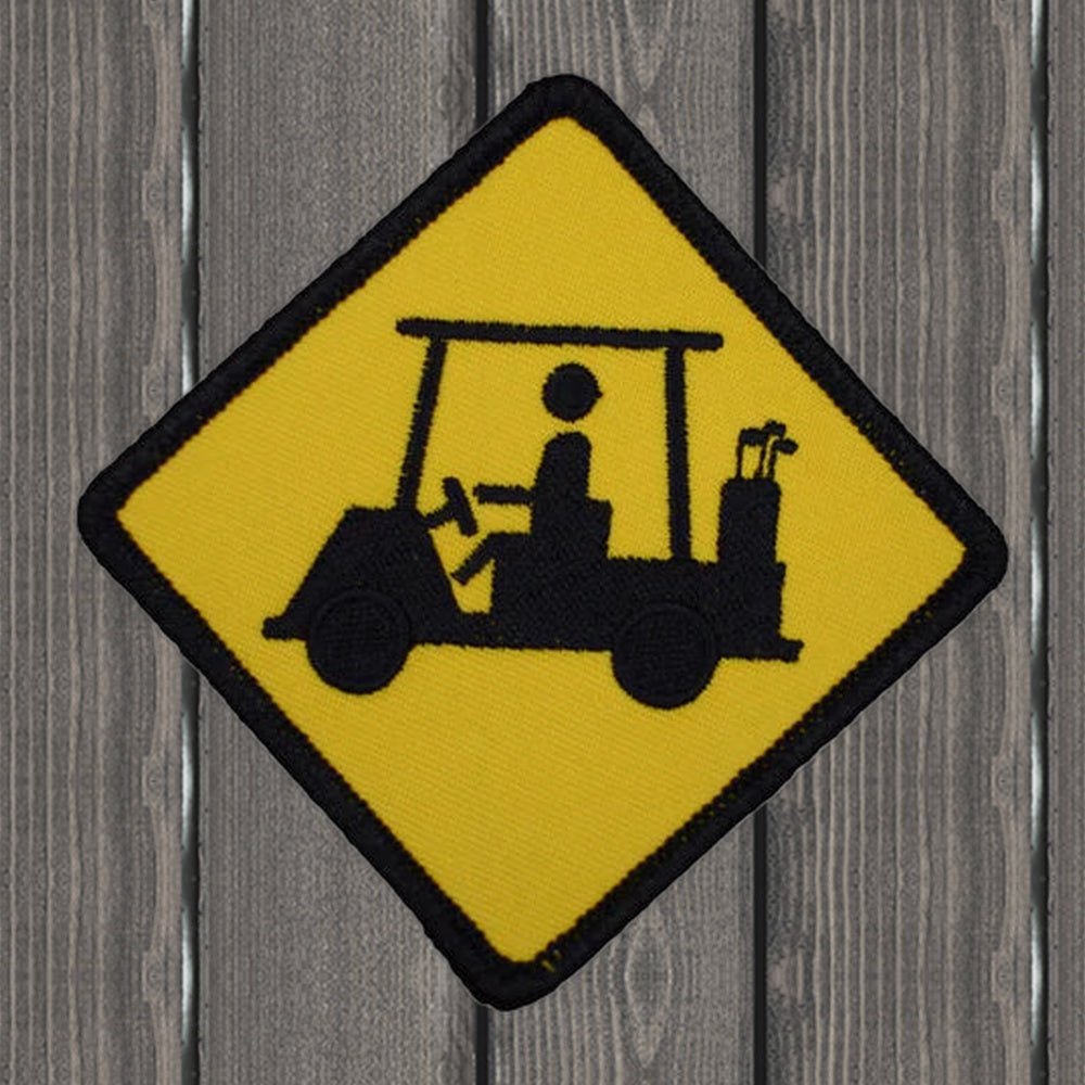 Golf Cart Crossing Embroidered Patch - 3-5/8" - Iron On - wood background