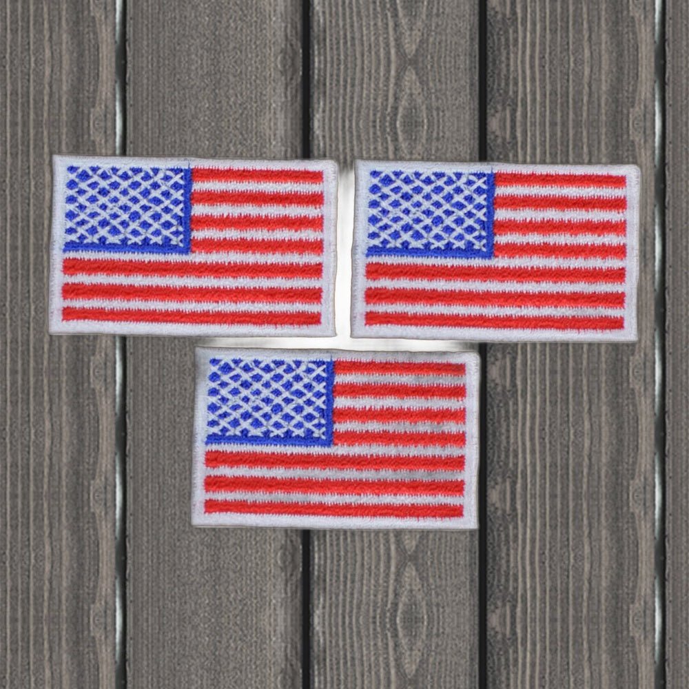 American Flag Embroidered Patch Set - White Border, 3-Pack - Iron On - wood background