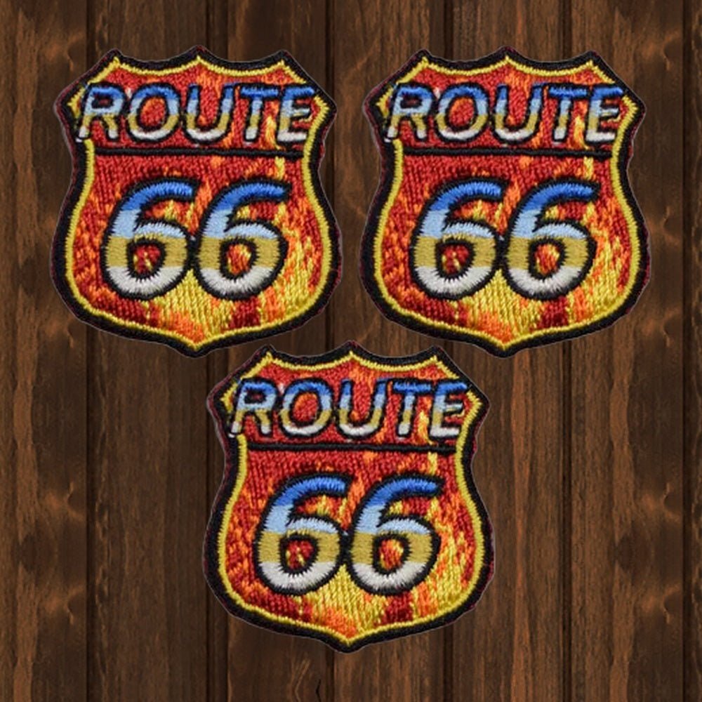Flaming Route 66 Embroidered Patch - 3-Pack 1.5" - Iron On - wood background