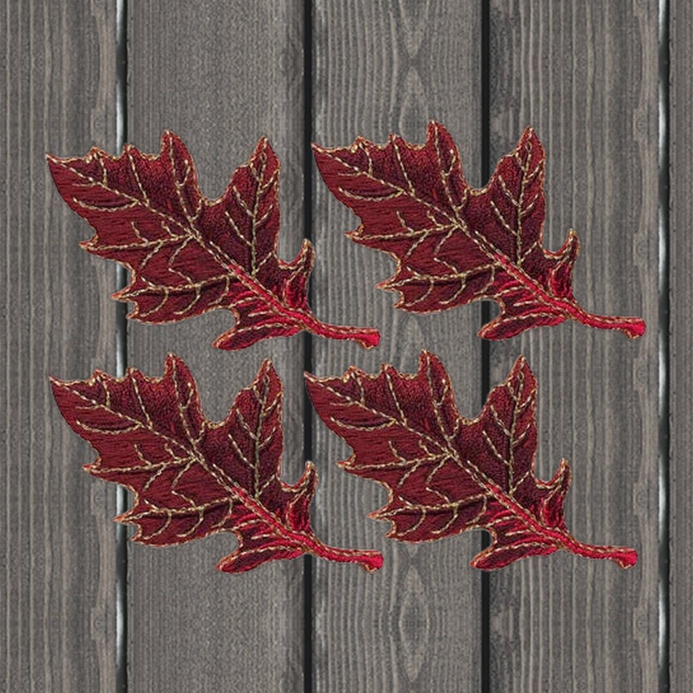 Oak Leaf Applique Patch Set - Autumn Fall Leaf Burgundy Badge (4-Pack, Iron On) - wood background