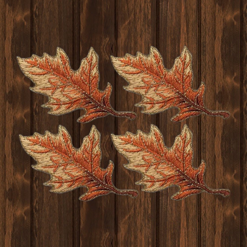 Oak Leaf Applique Patch Set - Autumn Fall Leaf Tan Badge (4-Pack, Iron On) - wood background