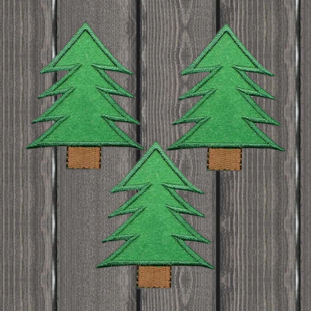 Pine Tree Applique Patch - Evergreen Conifer Nature Badge 2.25" (3-Pack, Iron-On) - wood background
