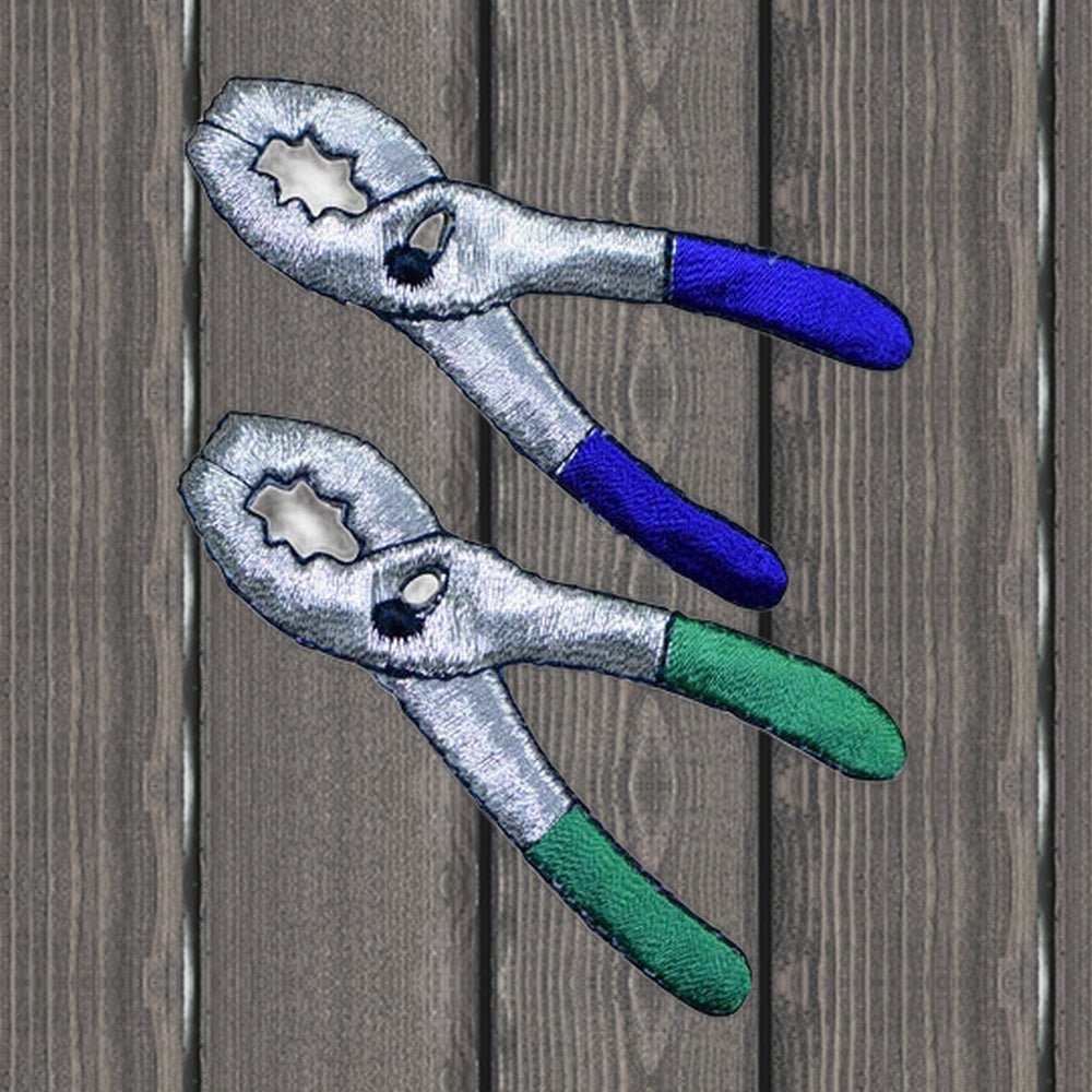 Pliers Applique Patch Set - Mechanic Construction Tool Badge 2.75" (2-Pack, Iron On) - wood background