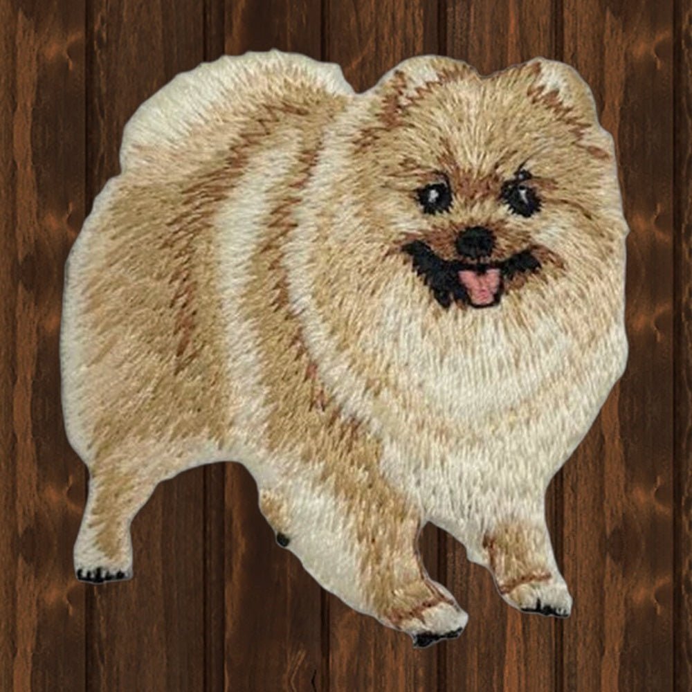 Pomeranian Dog Applique Patch - Pet Canine Badge (2.5") - wood background