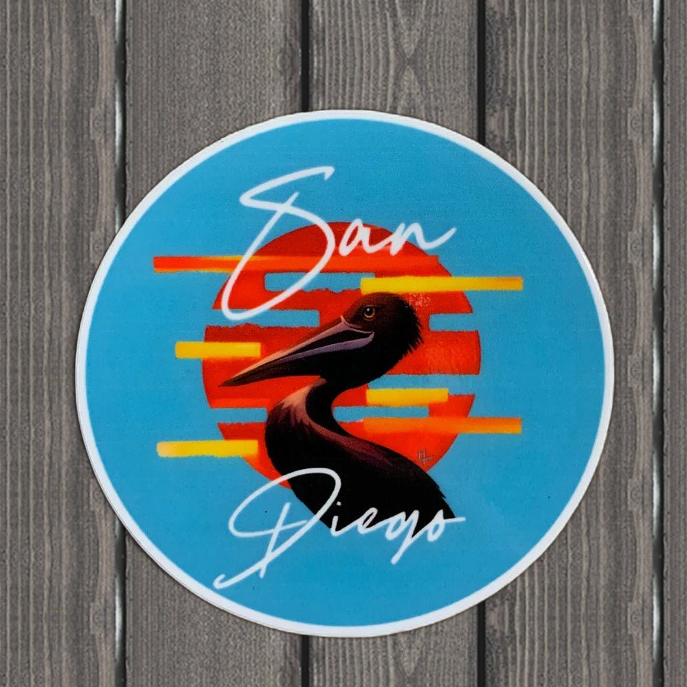 San Diego Pelican Sticker - California Coastal Vinyl Decal (3") - wood background