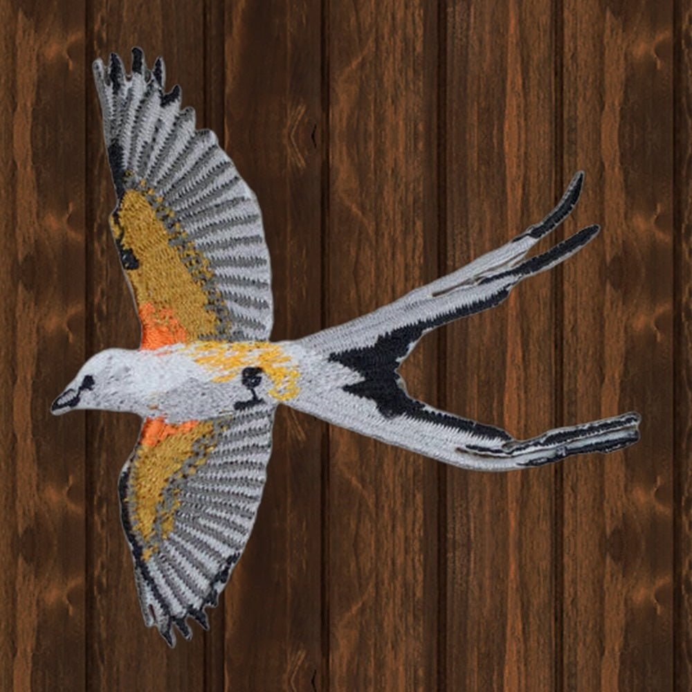 Scissor-Tailed Flycatcher Embroidered Patch - 3" - Iron On - wood background