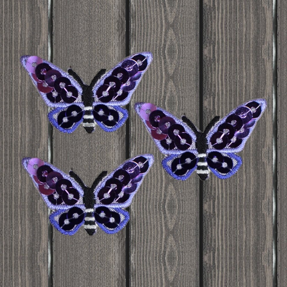 Purple Sequin Butterfly Applique Patch Set - 3-Pack (1-3/8") - wood background