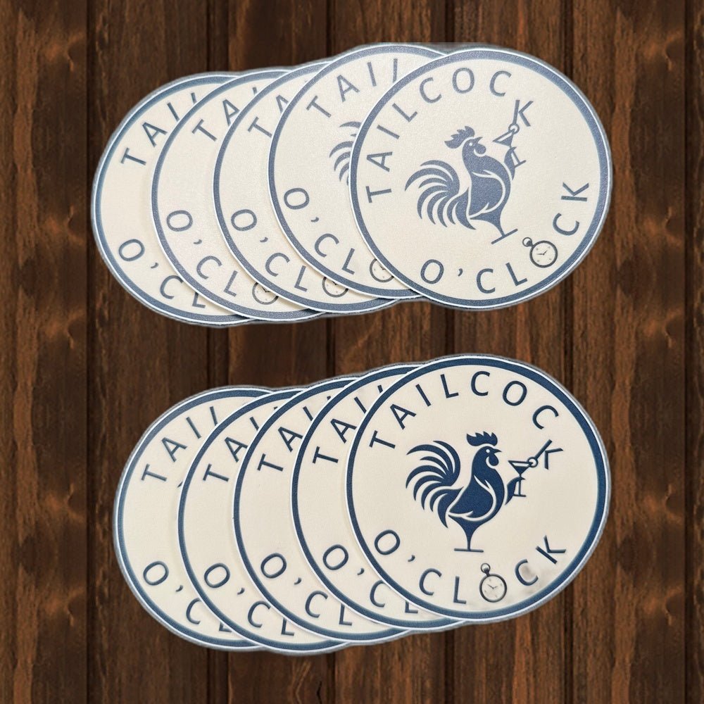 Tailcock O'Clock Rooster Sticker Martini Cocktail Alcohol Vinyl Decal 3" (Clearance) Vinyl Sticker - 10-Pack 3" - wood background