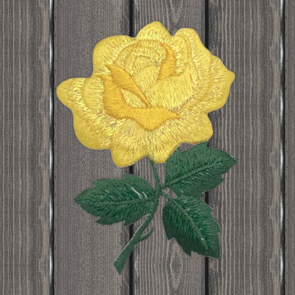 Yellow Rose Embroidered Patch - Flower Garden Badge, 3-1/8" - Iron On - wood background