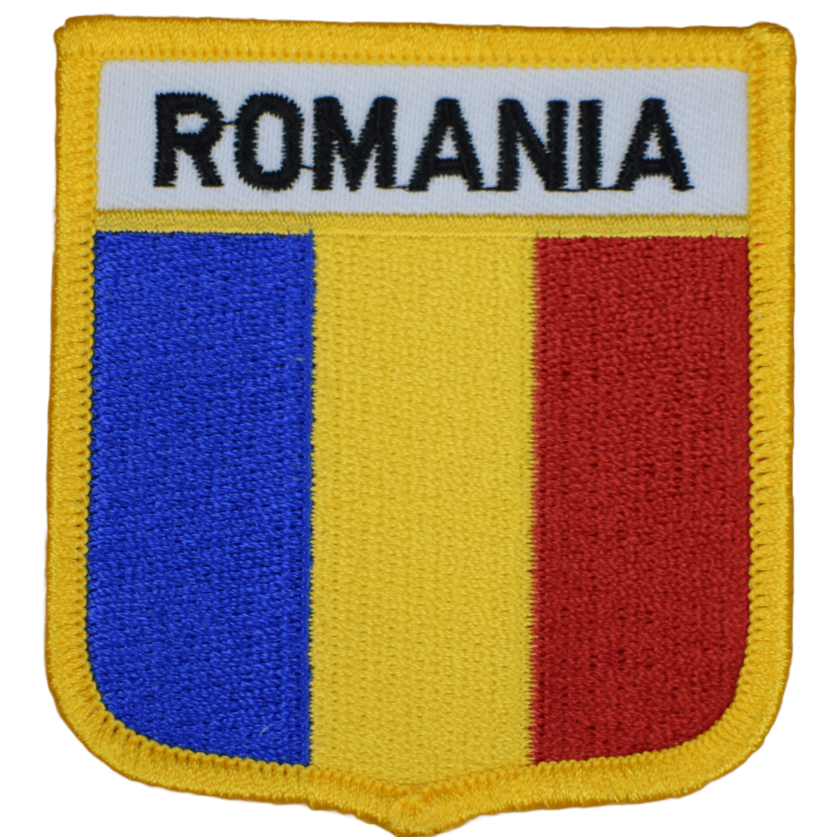 Romania flag shield embroidered patch with blue, yellow and red stripes and ROMANIA lettering