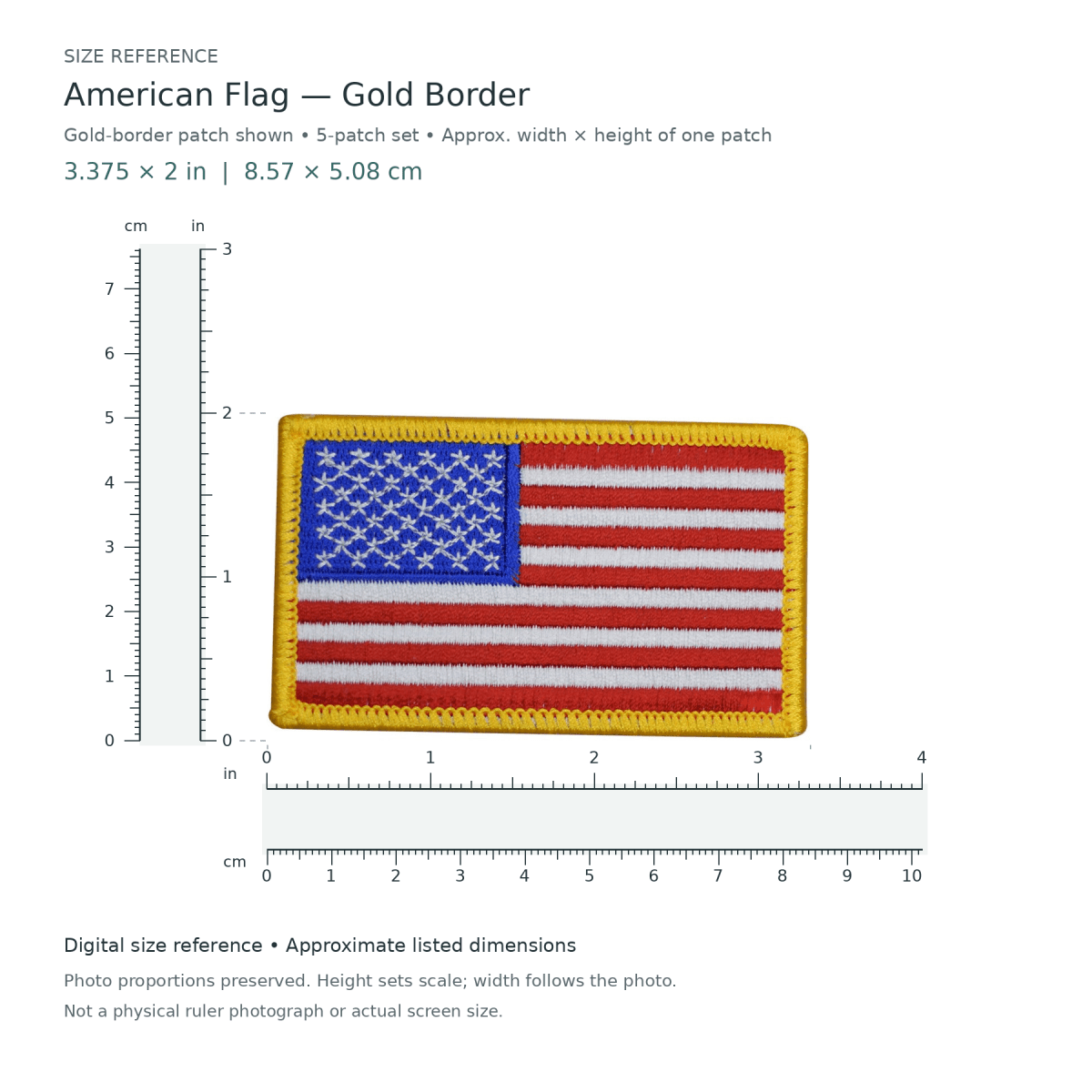 American Flag — Gold Border: one patch shown from the 5-patch assorted set, approximately 27/8 inches wide by 2 inches tall per patch, with digital inch and centimetre rulers.