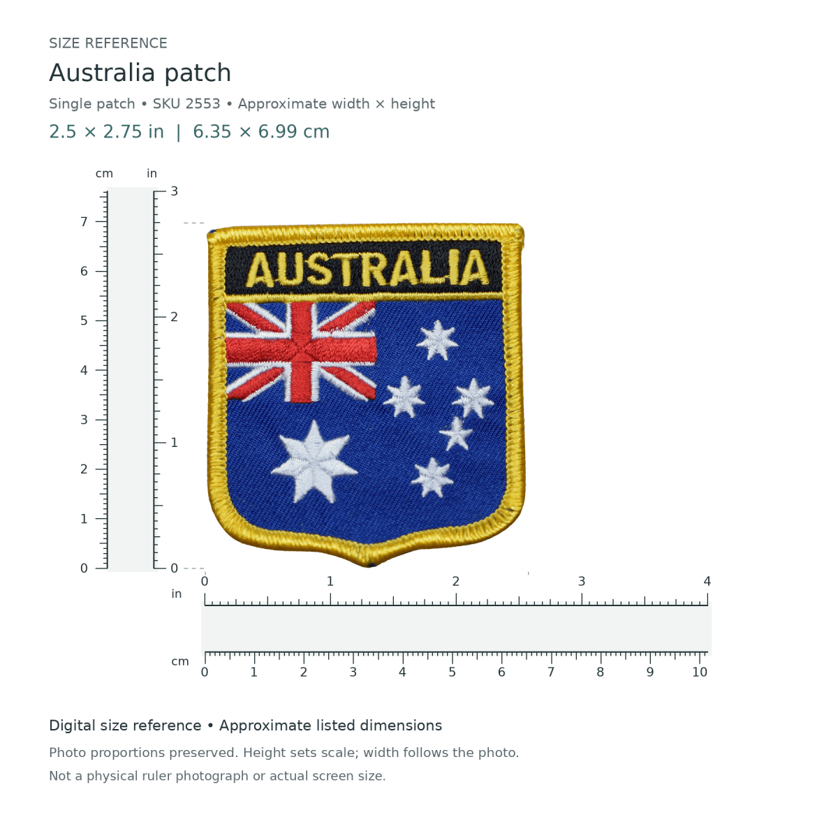 Australia patch, approximately 2 1/2 inches wide by 2 3/4 inches tall, shown with digital inch and centimetre rulers.