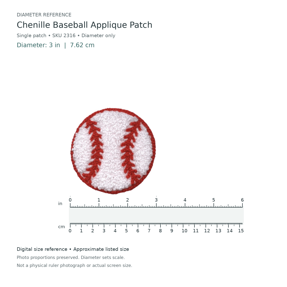 Digital size reference for Chenille Baseball Applique Patch (SKU 2316): approximate 3 inch diameter; original photo proportions preserved.