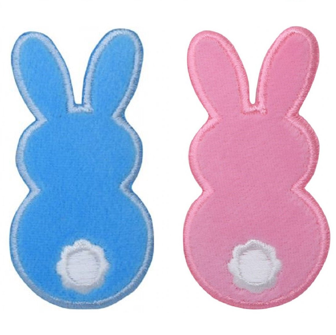 Two fuzzy bunny patches, one blue and one pink, each with a white cottontail