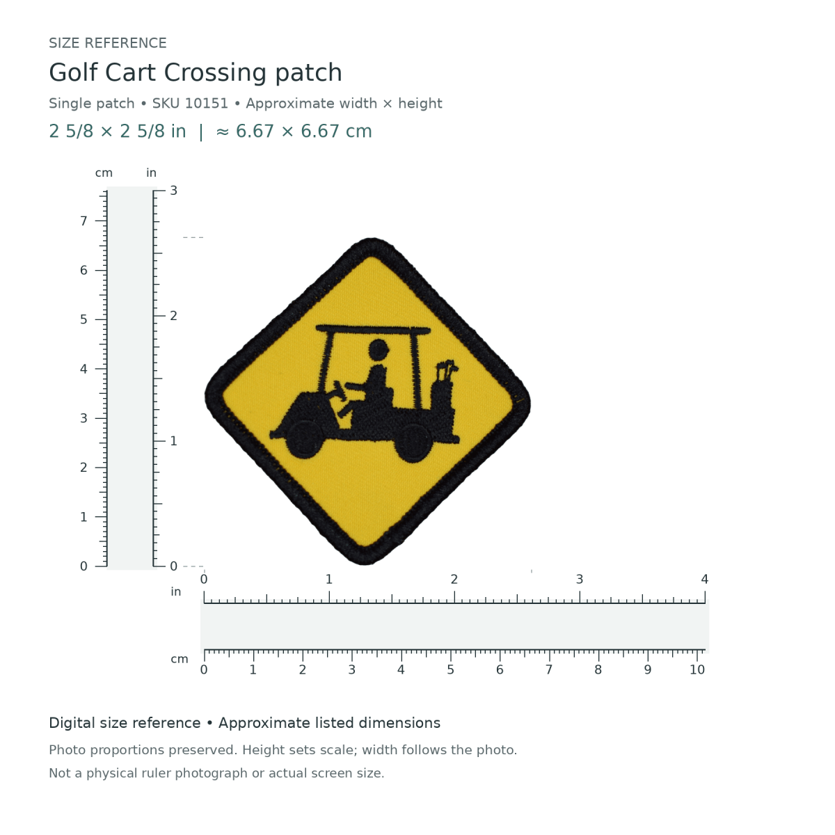 Golf Cart Crossing patch, approximately 2 5/8 inches wide by 2 5/8 inches tall, shown with digital inch and centimetre rulers.