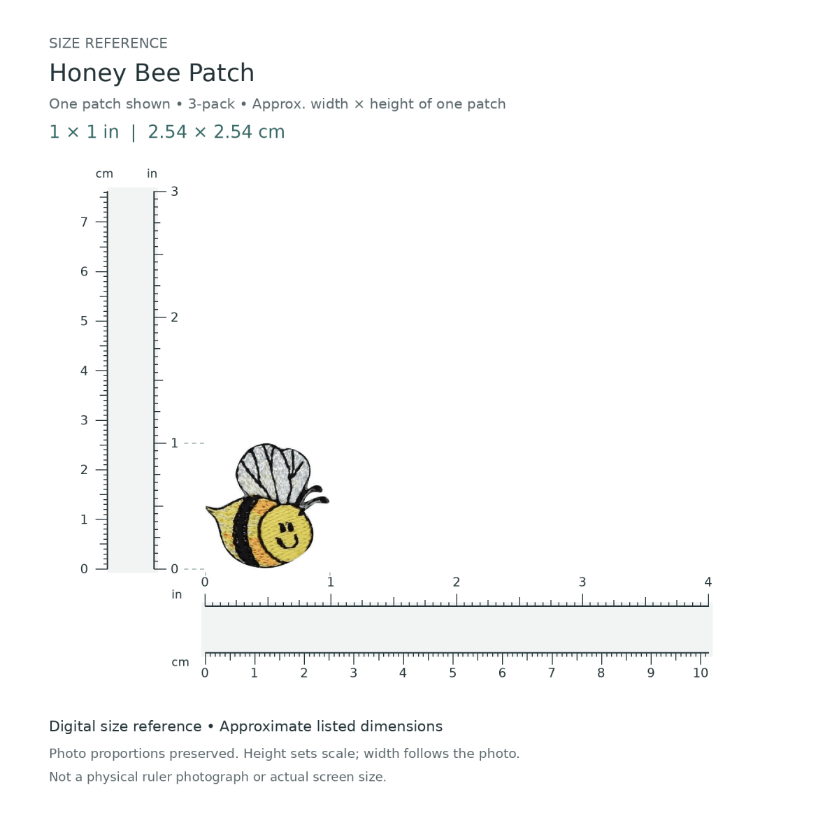 Honey Bee Patch: one patch shown from the 3-patch pack, approximately 1 inches wide by 1 inches tall per patch, with digital inch and centimetre rulers.