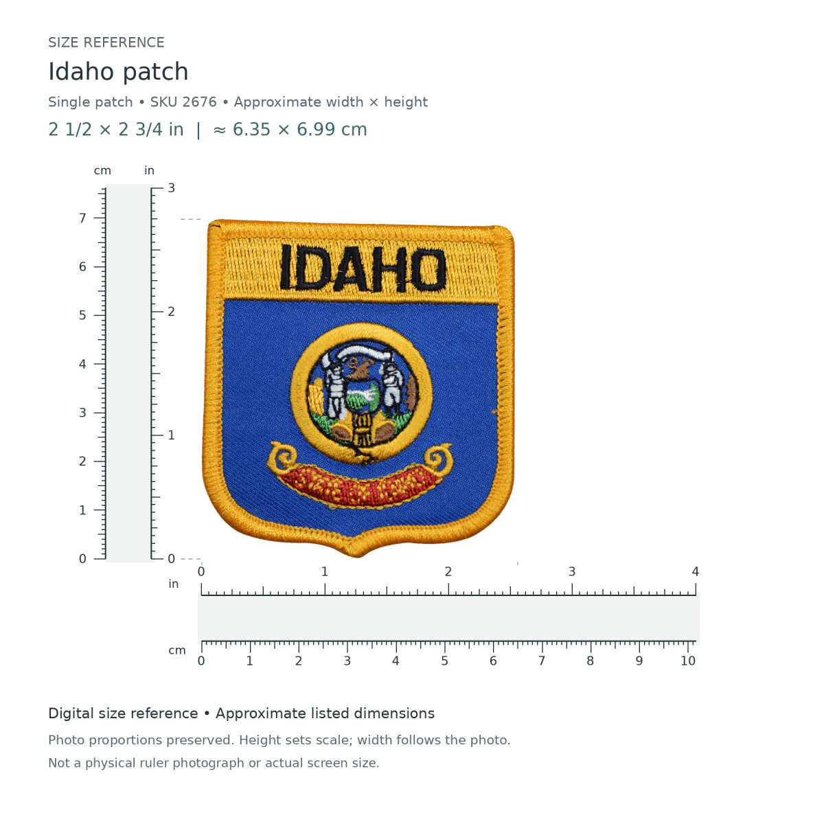 Idaho patch, approximately 2 1/2 inches wide by 2 3/4 inches tall, shown with digital inch and centimetre rulers.