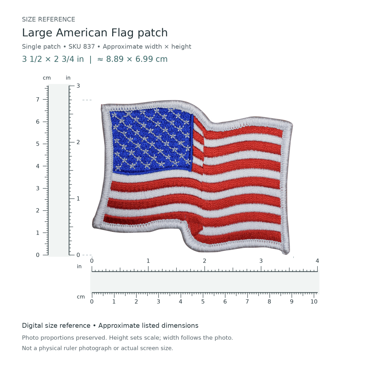 Large American Flag patch, approximately 3 1/2 inches wide by 2 3/4 inches tall, shown with digital inch and centimetre rulers.