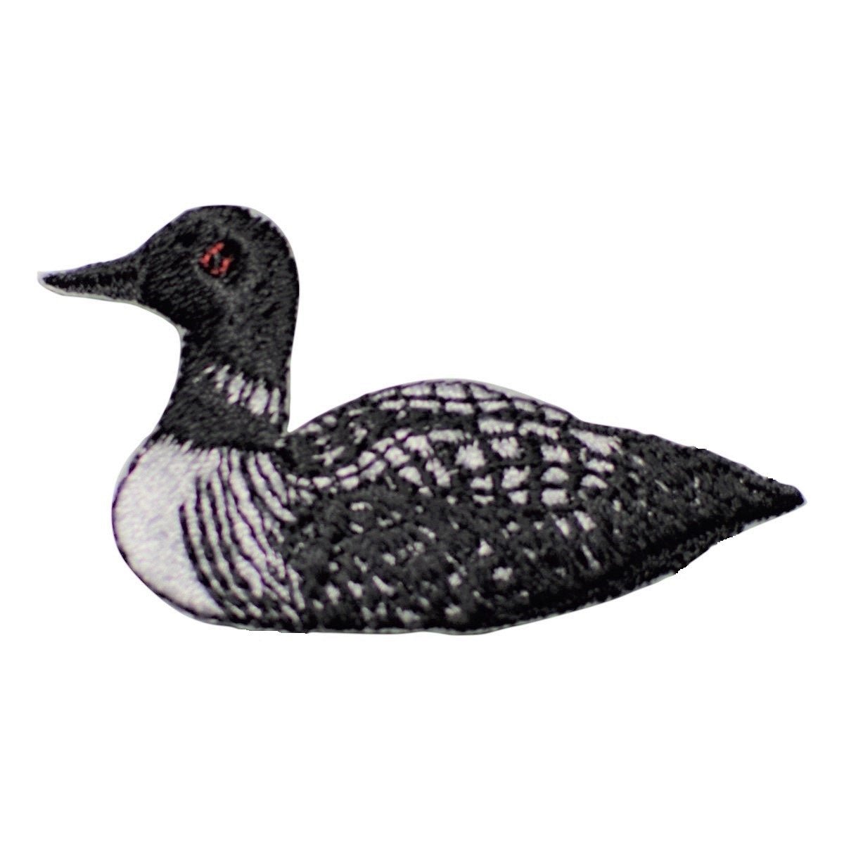 Embroidered loon patch on a white background