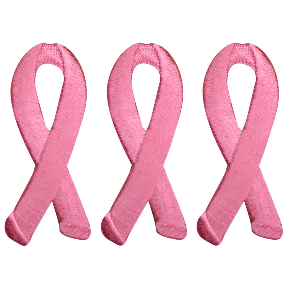 Three pink ribbon applique patches designed for breast cancer awareness, arranged side by side.
