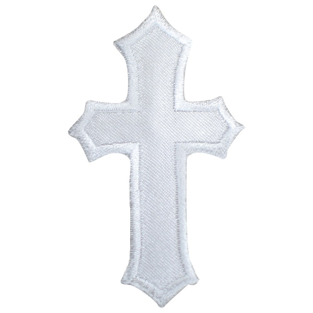 White cross applique patch with an embroidered design, intended for iron-on application.