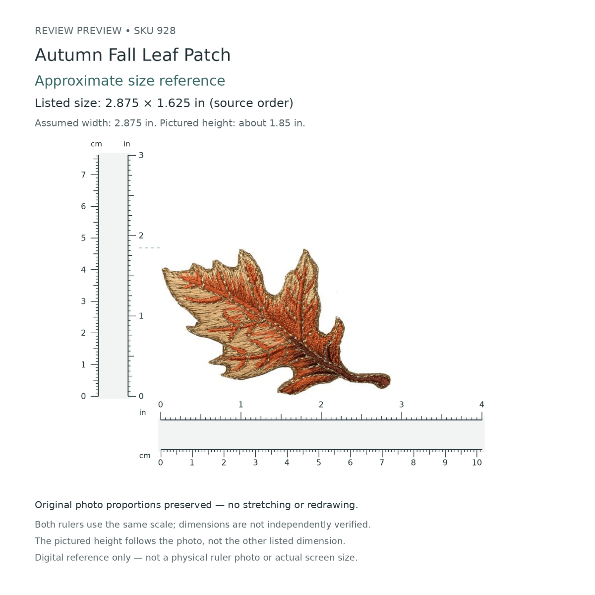 Approximate ruler preview of Autumn Fall Leaf Patch, SKU 928. Original photo proportions preserved; assumed width 2.875 inches and photo-implied height approximately 1.85 inches, not independently verified.