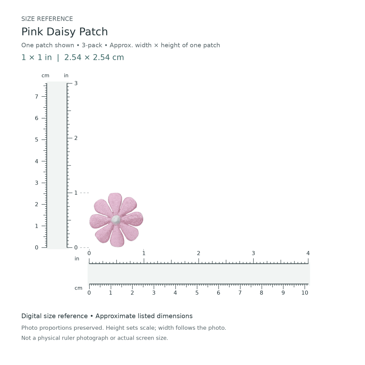 Pink Daisy Patch: one patch shown from the 3-patch pack, approximately 1 inches wide by 1 inches tall per patch, with digital inch and centimetre rulers.