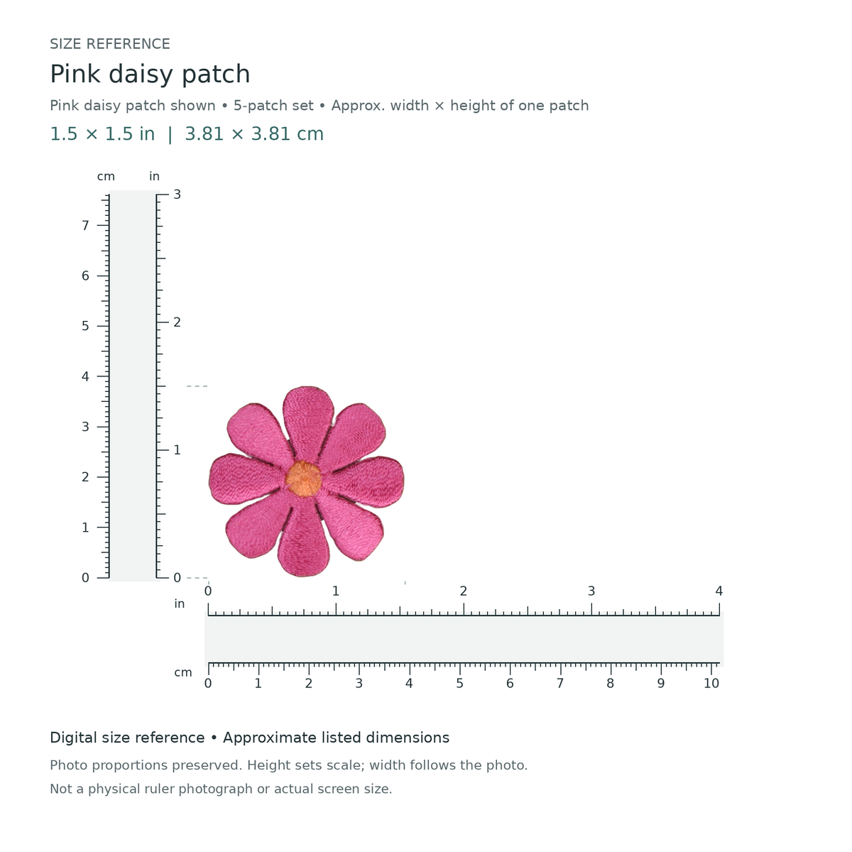 Pink daisy patch: one patch shown from the 5-patch assorted set, approximately 1.5 inches wide by 1.5 inches tall per patch, with digital inch and centimetre rulers.