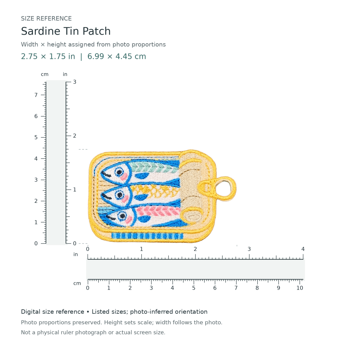 Digital size reference for Sardine Tin Patch (SKU Y26-00360): approximate 2.75 inch width by 1.75 inch height; axis order inferred from photo proportions.