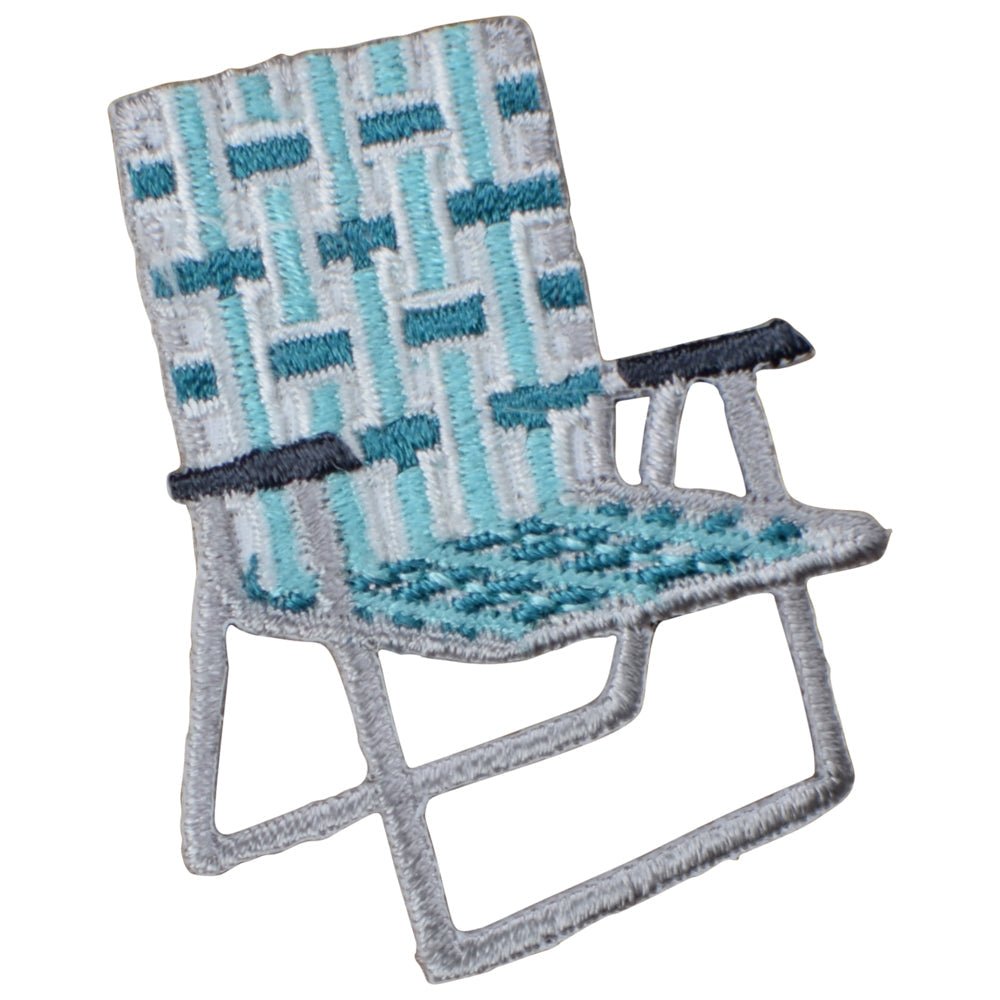 Lawn Chair Embroidered Patch — Green Camping Trailer RV Folding 2" — Iron On on white background