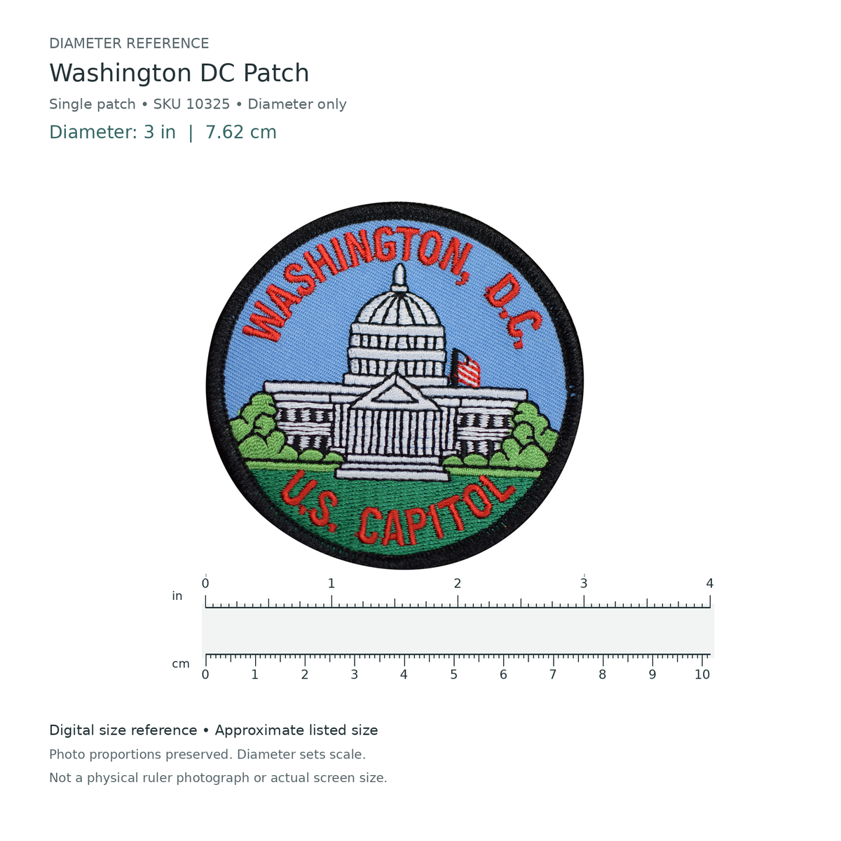 Digital size reference for Washington DC Patch (SKU 10325): approximate 3 inch diameter; original photo proportions preserved.