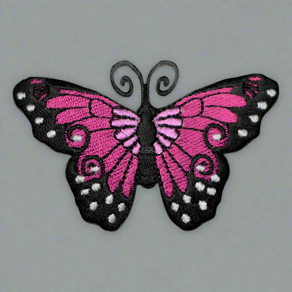 embroidered iron on sew on patch black pink butterfly
