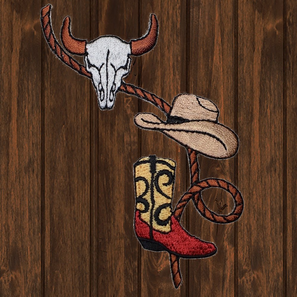 embroidered iron on sew on patch bull skull cowboy hat boot rope