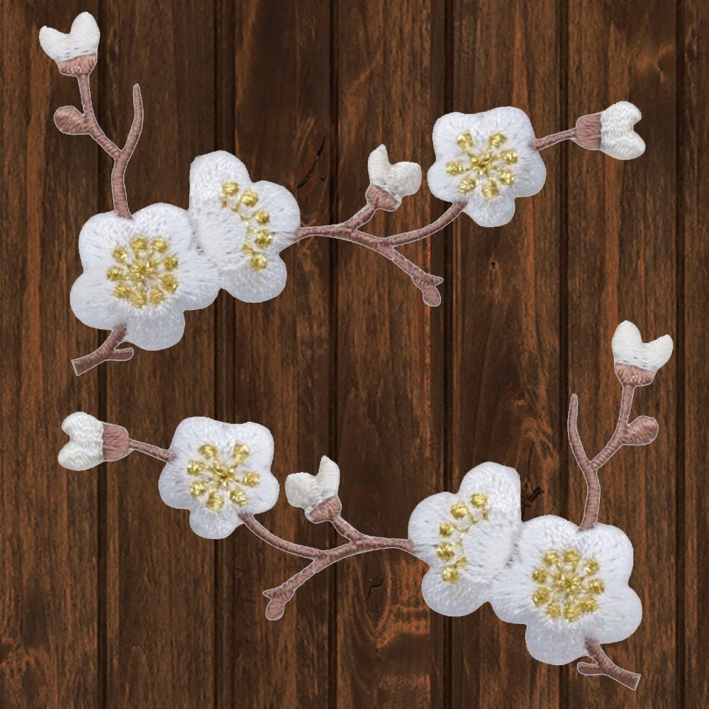 embroidered iron on sew on patch cherry branch white set