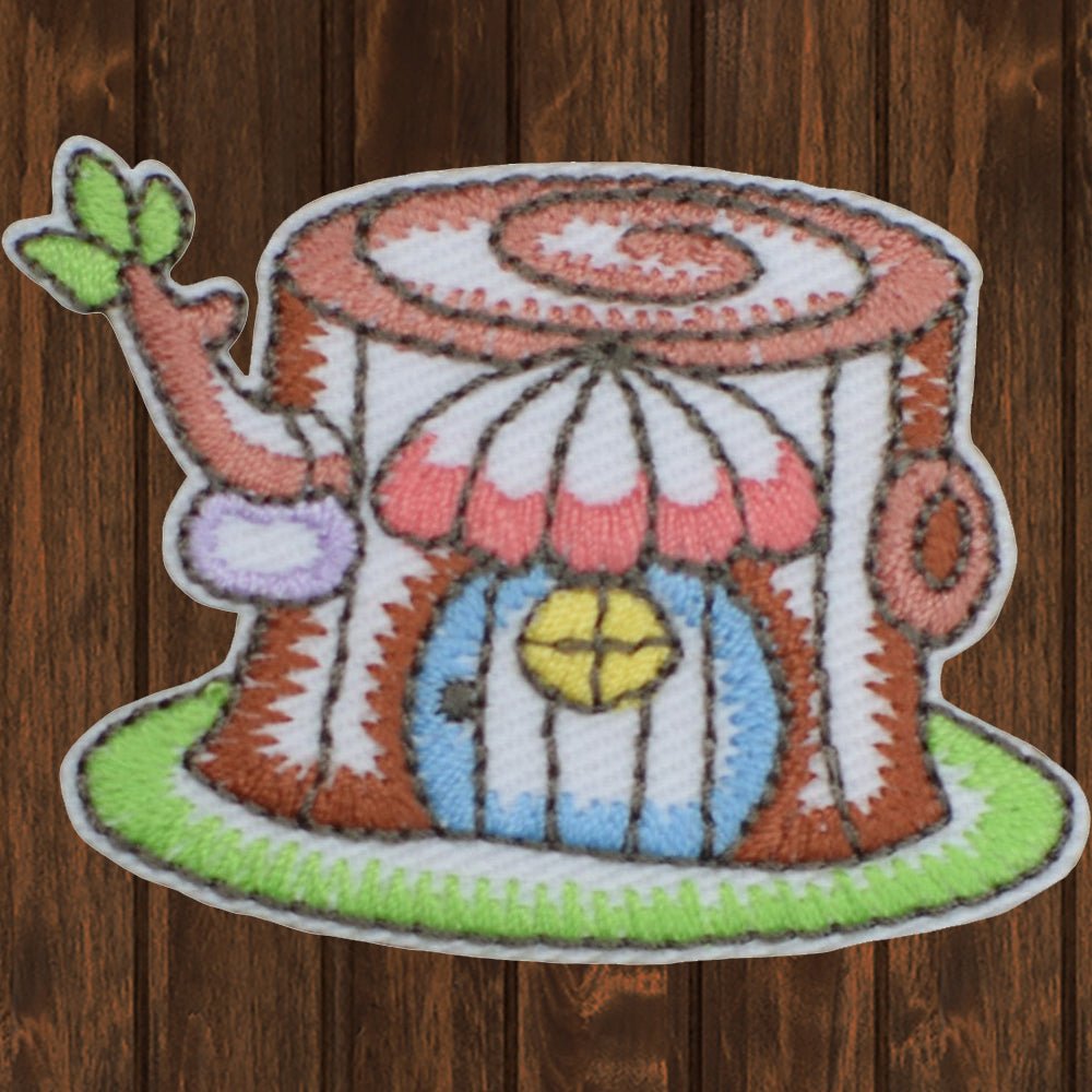 embroidered iron on sew on patch fairy tree stump