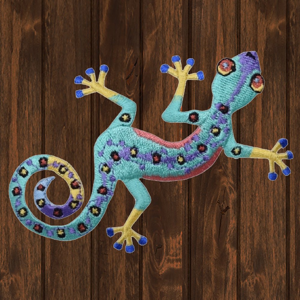 embroidered iron on sew on patch gecko lizard left small colorful
